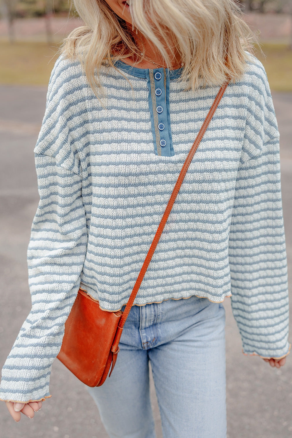 Sky Blue Stripe Textured Frilly Trim Buttons Henley Long Sleeve Top-Chaelisa's New Jammies