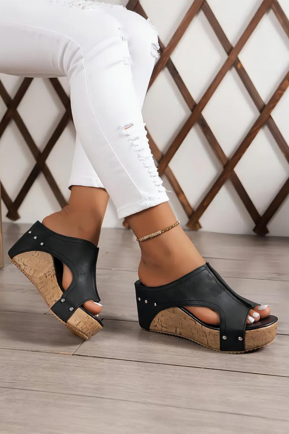 Black Hollow Out Studded PU Leather Wedge Slippers-Chaelisa's New Jammies