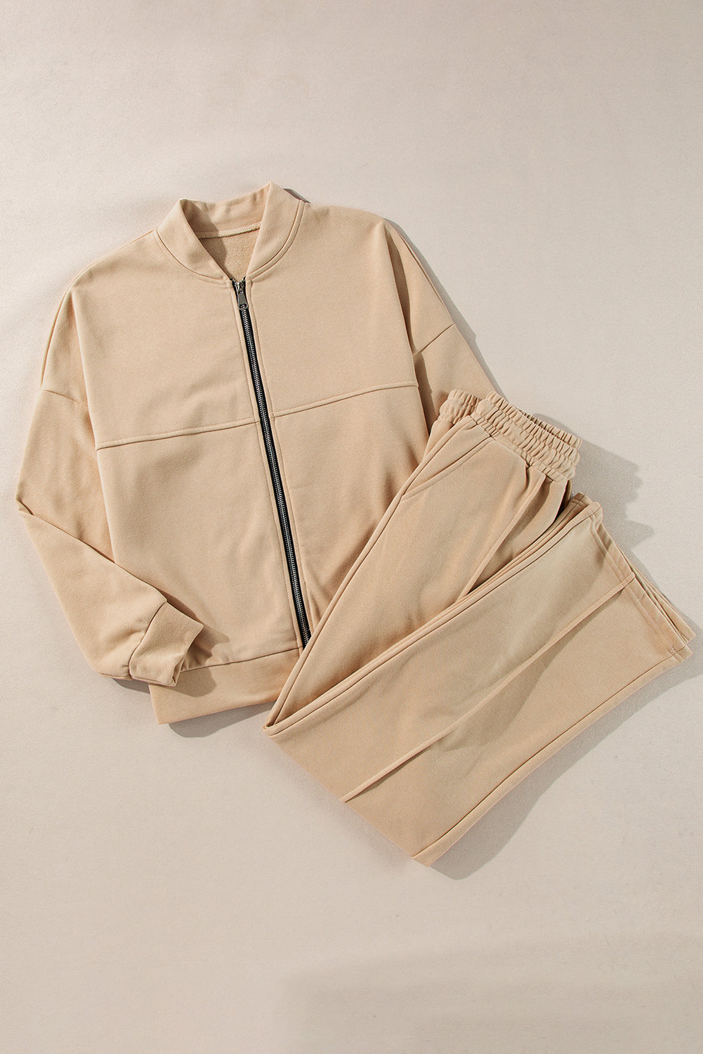 Apricot Solid Seamed Zipper Jacket and Drawstring Waist Pants Set-Chaelisa's New Jammies