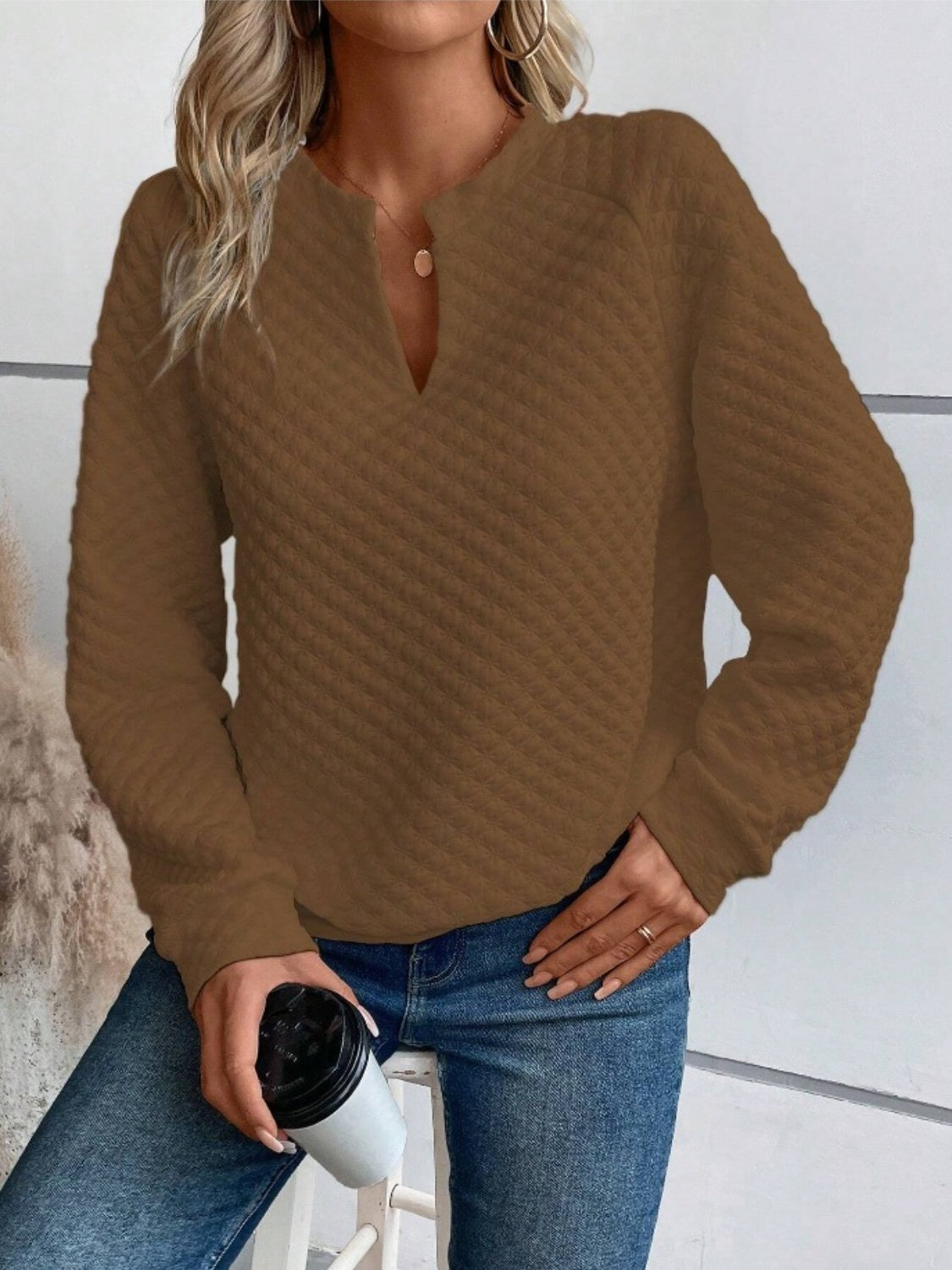 Notched Long Sleeve Sweatshirt-Chaelisa's New Jammies
