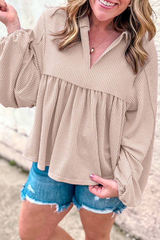 Parchment Corded Turn-down V Neck Bubble Sleeve Babydoll Blouse-Chaelisa's New Jammies