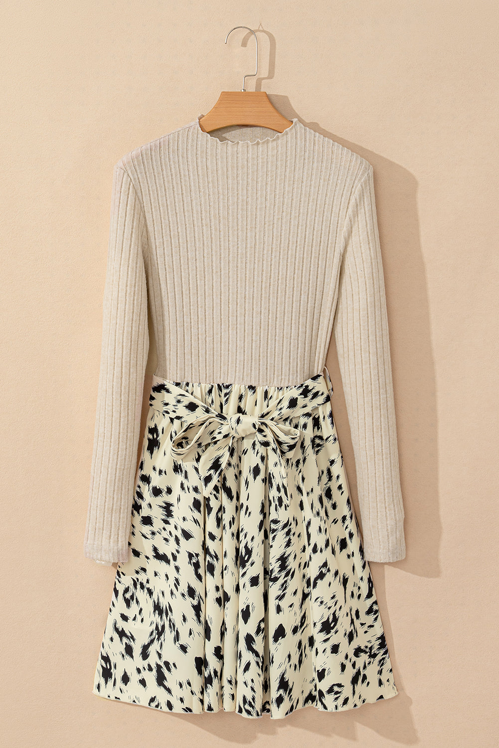 Beige Ribbed Knit Patchwork Printed Belted A-line Dress-Chaelisa's New Jammies