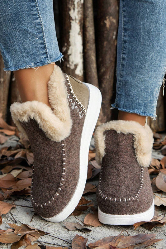 Coffee Suede Stitching Patchwork Plush Lined Anklet Boots-Chaelisa's New Jammies
