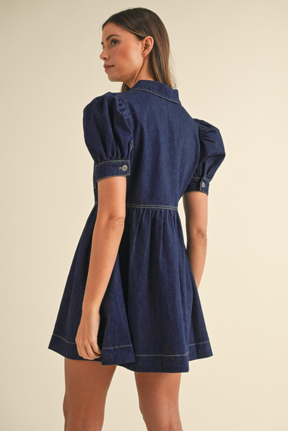Dirty blue Zipped up Bodice Collared Short Puff Sleeve Denim Dress-Chaelisa's New Jammies