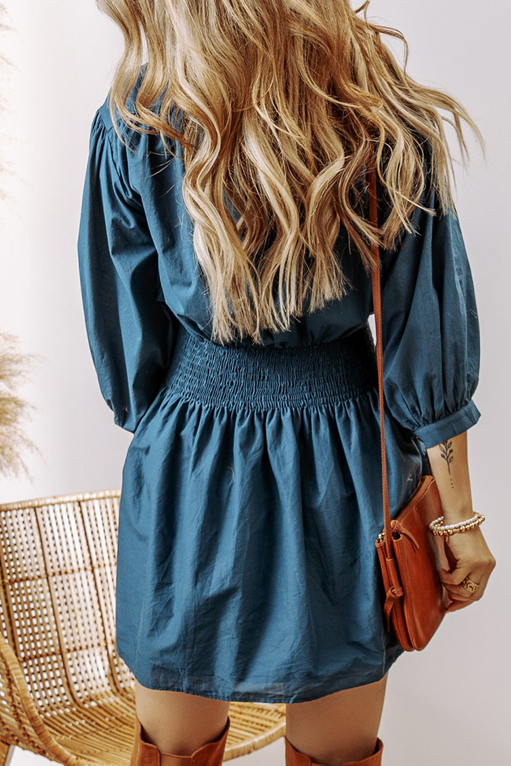Prussian Blue 3/4 Sleeve Shirred High Waist Buttoned Mini Dress-Chaelisa's New Jammies
