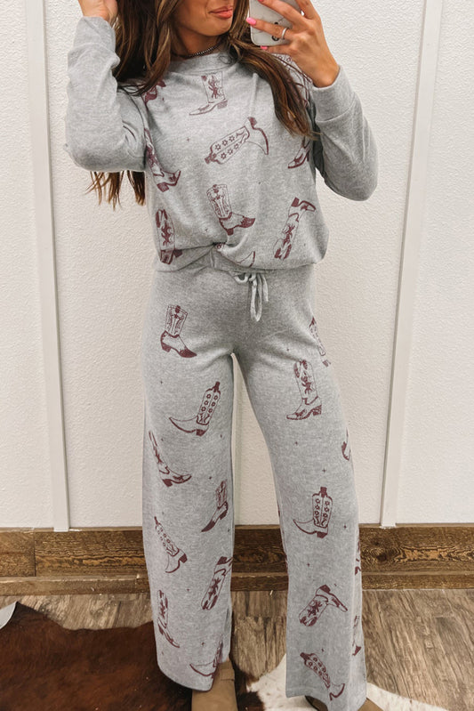 Gray Cowgirl Boots Printed Long Sleeve Top Pants Lounge Set-Chaelisa's New Jammies