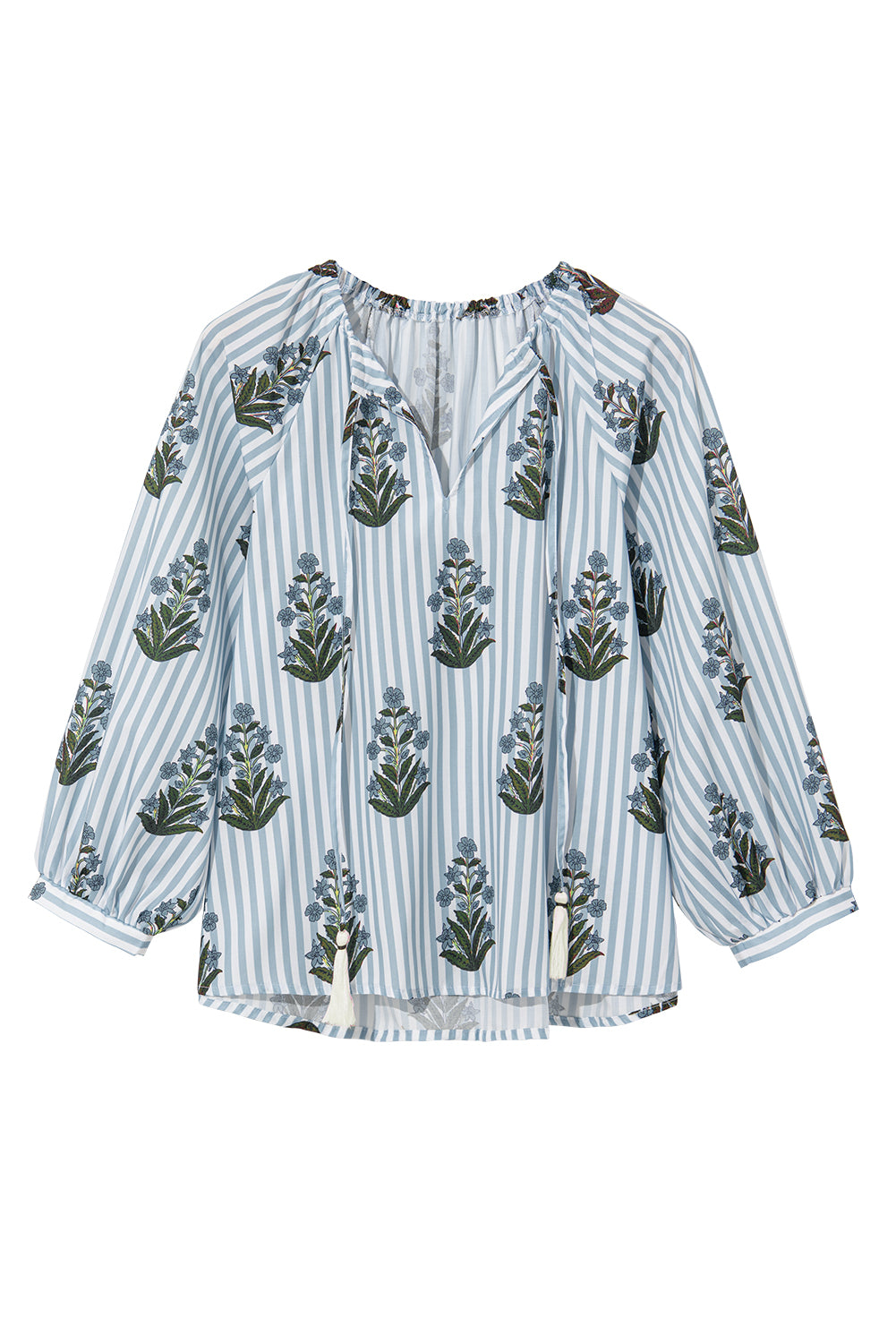 Beau Blue Striped Floral Printed Long Sleeve Tied V Neck Blouse-Chaelisa's New Jammies