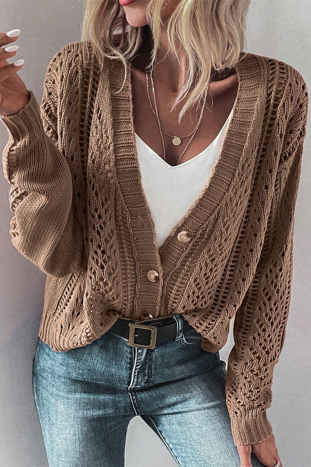 Openwork Button Up Long Sleeve Cardigan-Chaelisa's New Jammies
