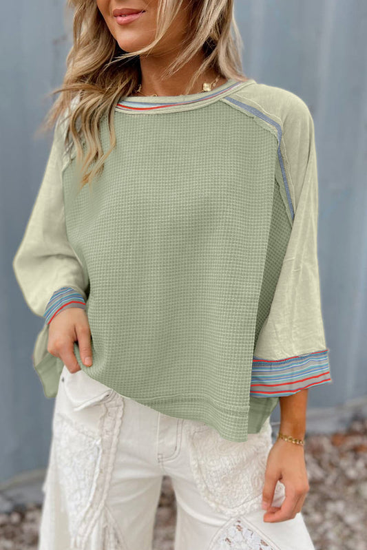 Meadow Mist Green Waffle Knit Wide Bracelet Sleeve Patchwork Raglan Top-Chaelisa's New Jammies