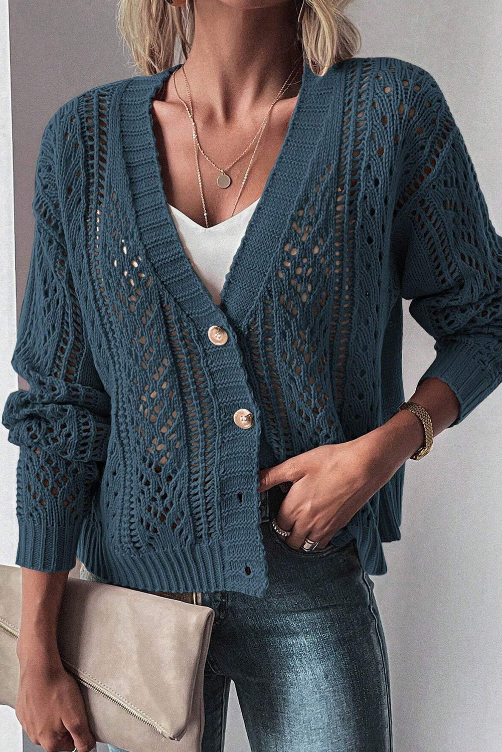 Real Teal Open Knit Drop Shoulder Sweater Cardigan-Chaelisa's New Jammies