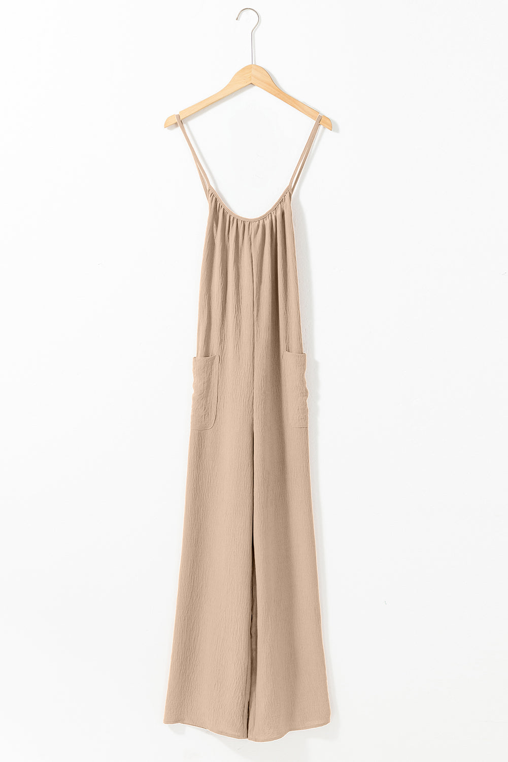 Apricot Spaghetti Straps Waist Tie Wide Leg Jumpsuit with Pockets-Chaelisa's New Jammies