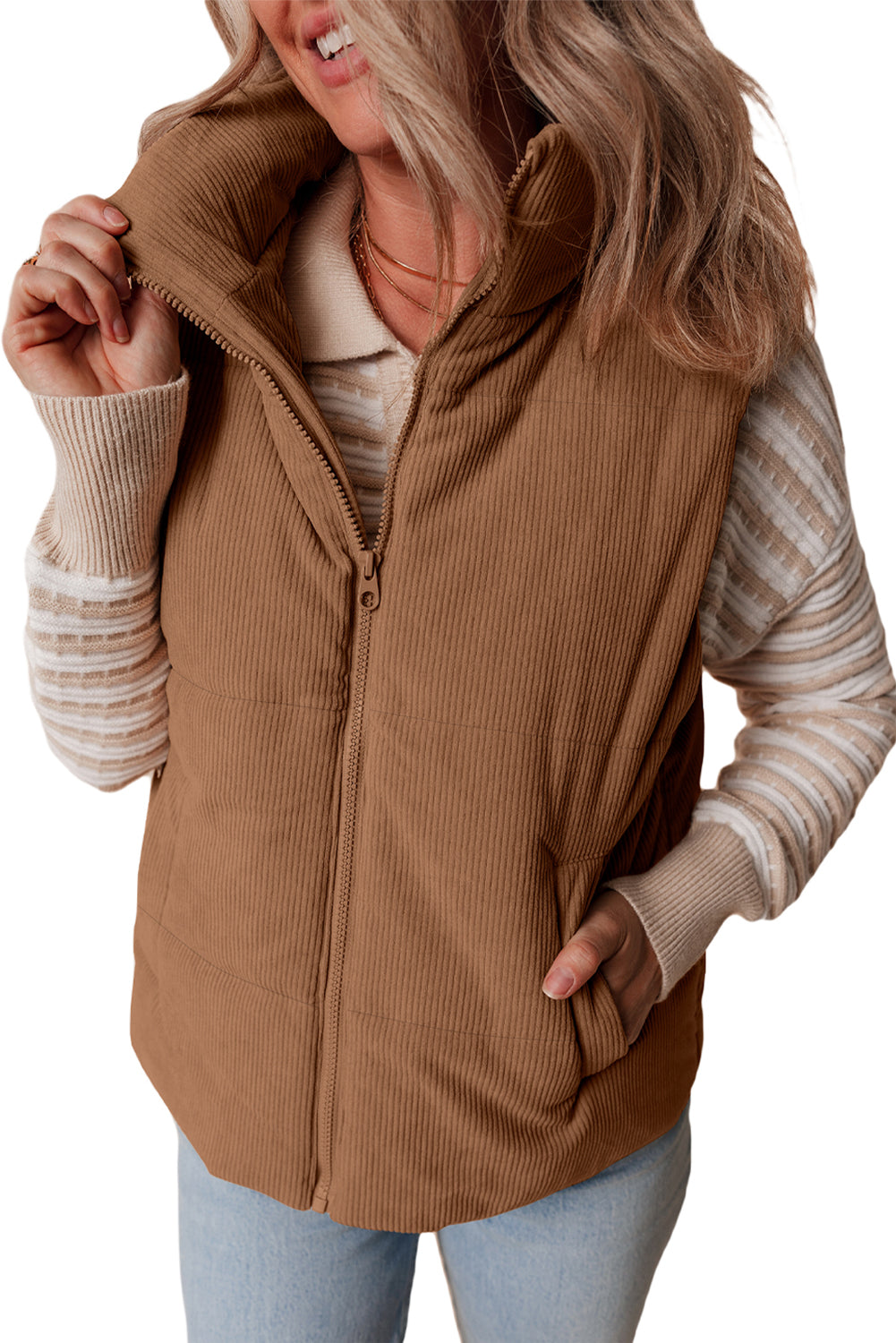Coffee Corduroy Stand Neck Zipped Puffer Vest-Chaelisa's New Jammies