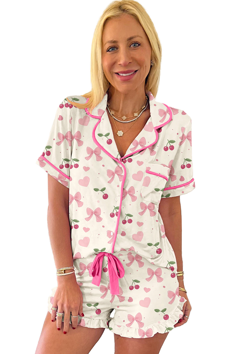 Beige Bow Fruit Print Contrast Pipping Short Pajamas Set-Chaelisa's New Jammies