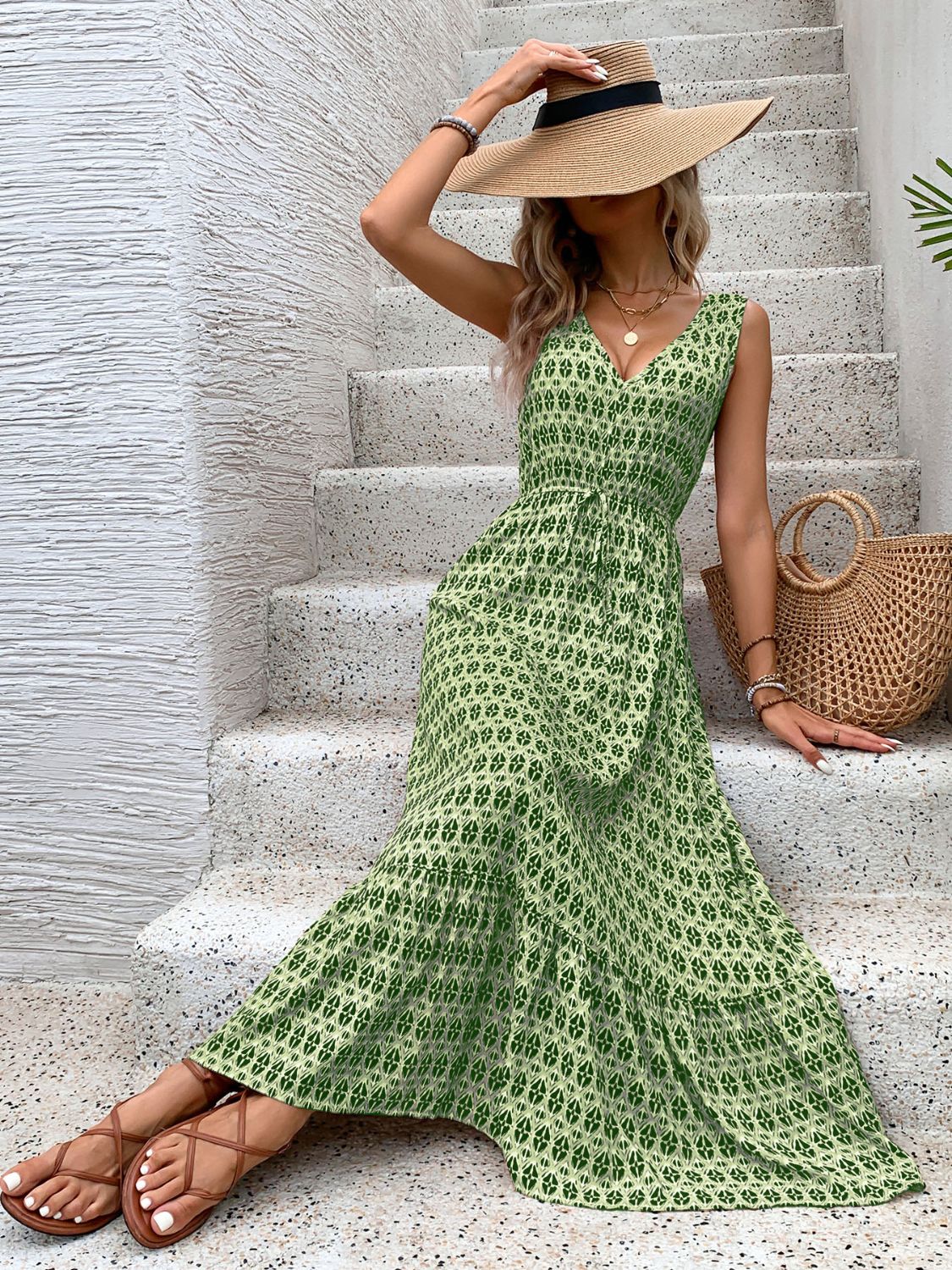 Printed V-Neck Tie Waist Midi Dress-Chaelisa's New Jammies