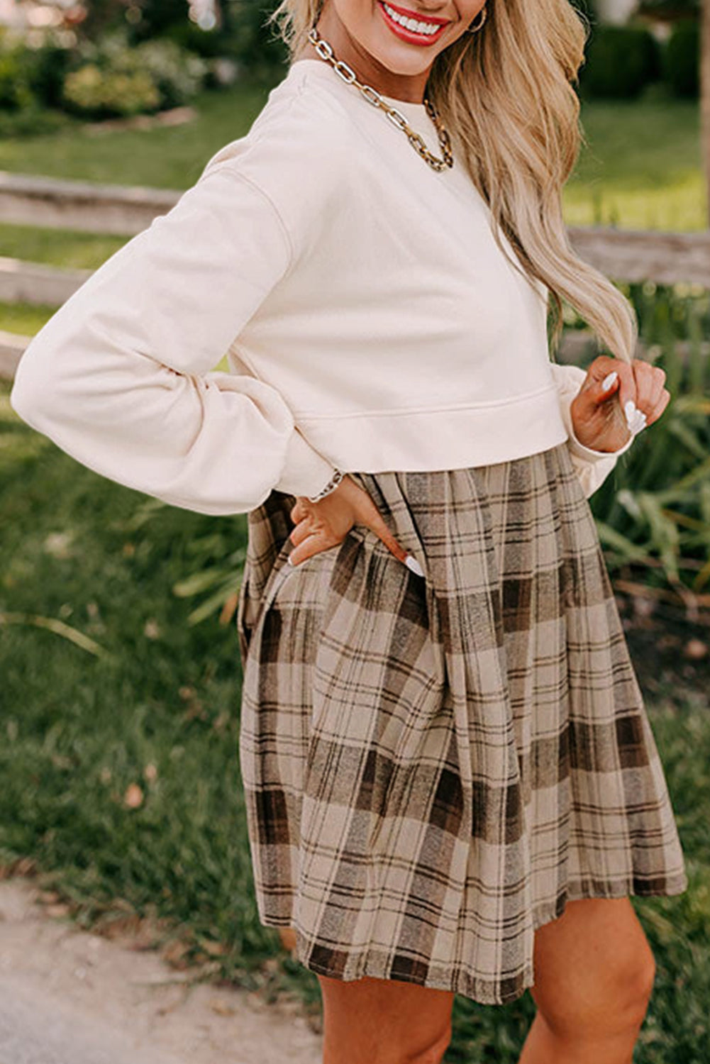 Beige Plaid Patchwork High Waist Sweatshirt Mini Dress-Chaelisa's New Jammies