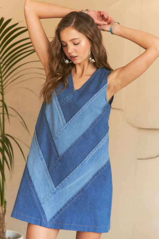 ADORA Chevron Color Block V-Neck Denim Dress-Chaelisa's New Jammies