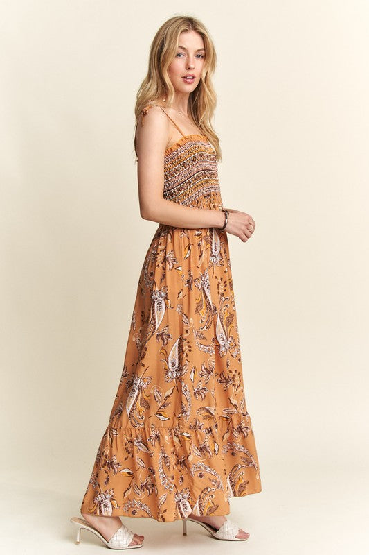 ADORA Smocked Printed Square Neck Tie Shoulder Cami Dress-Chaelisa's New Jammies