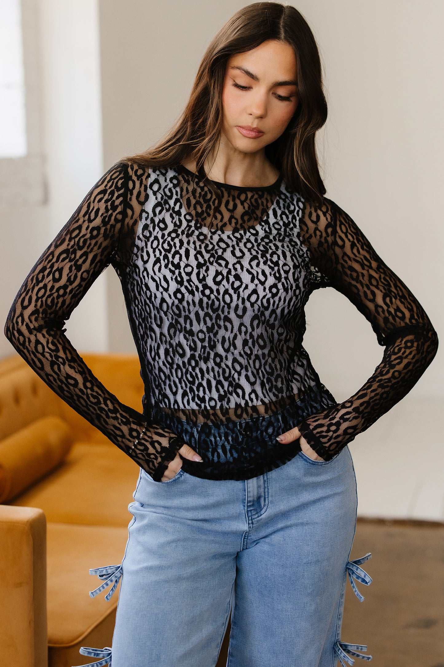 Black Leopard Pattern Sheer Mesh Long Sleeve Top