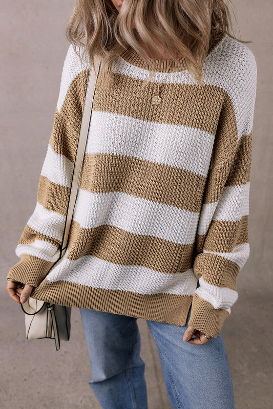 Light French Beige Colorblock Striped Drop Shoulder Side Slit Sweater-Chaelisa's New Jammies