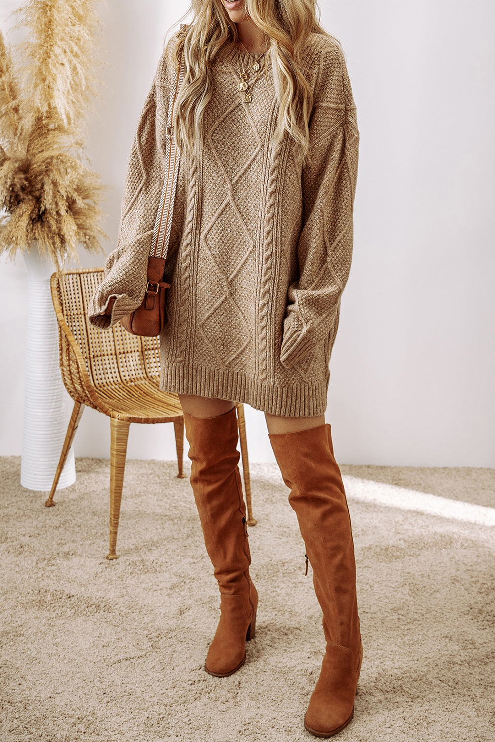 Parchment Cable Knit Drop Shoulder Loose Fit Sweater Dress-Chaelisa's New Jammies
