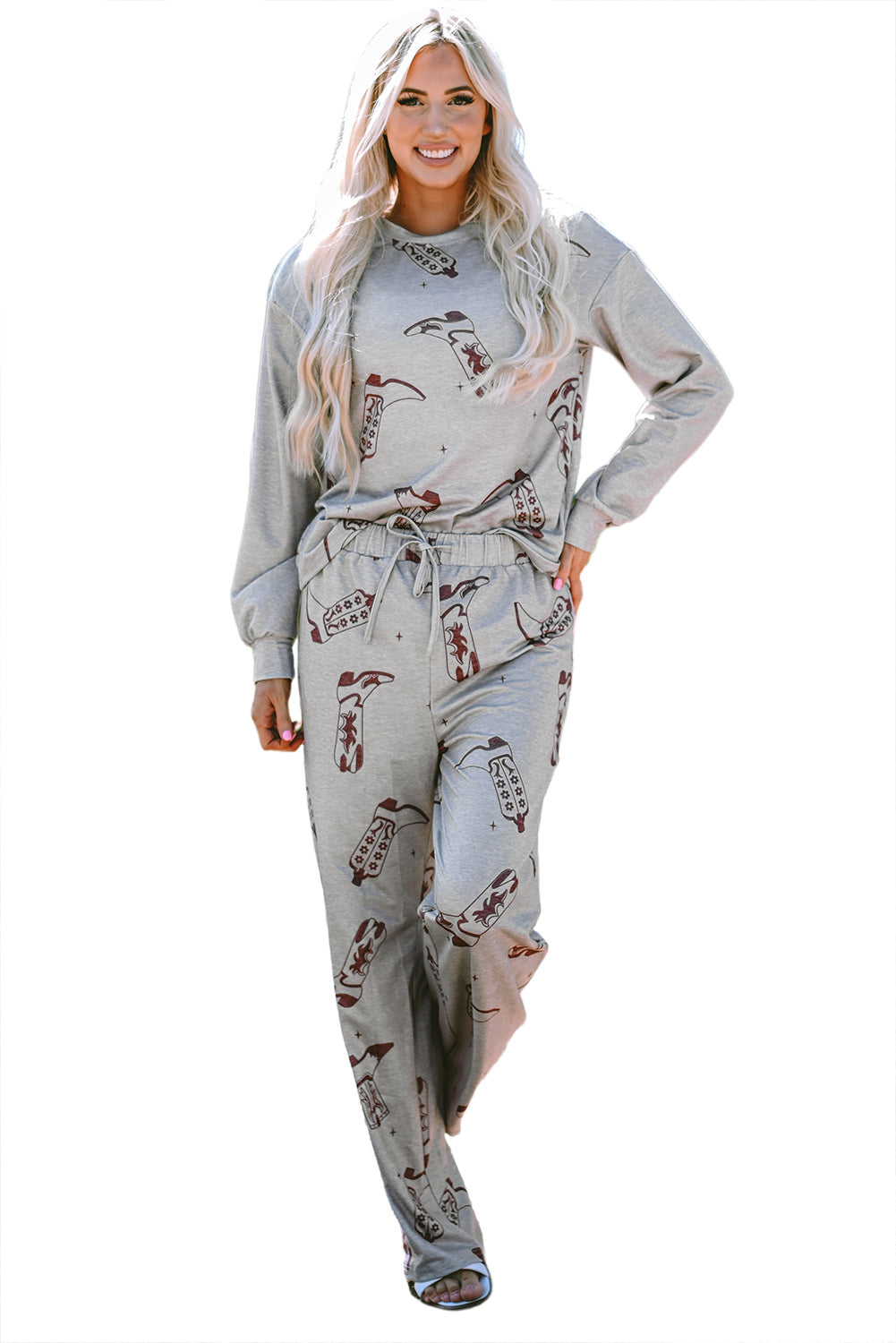 Gray Cowgirl Boots Printed Long Sleeve Top Pants Lounge Set-Chaelisa's New Jammies