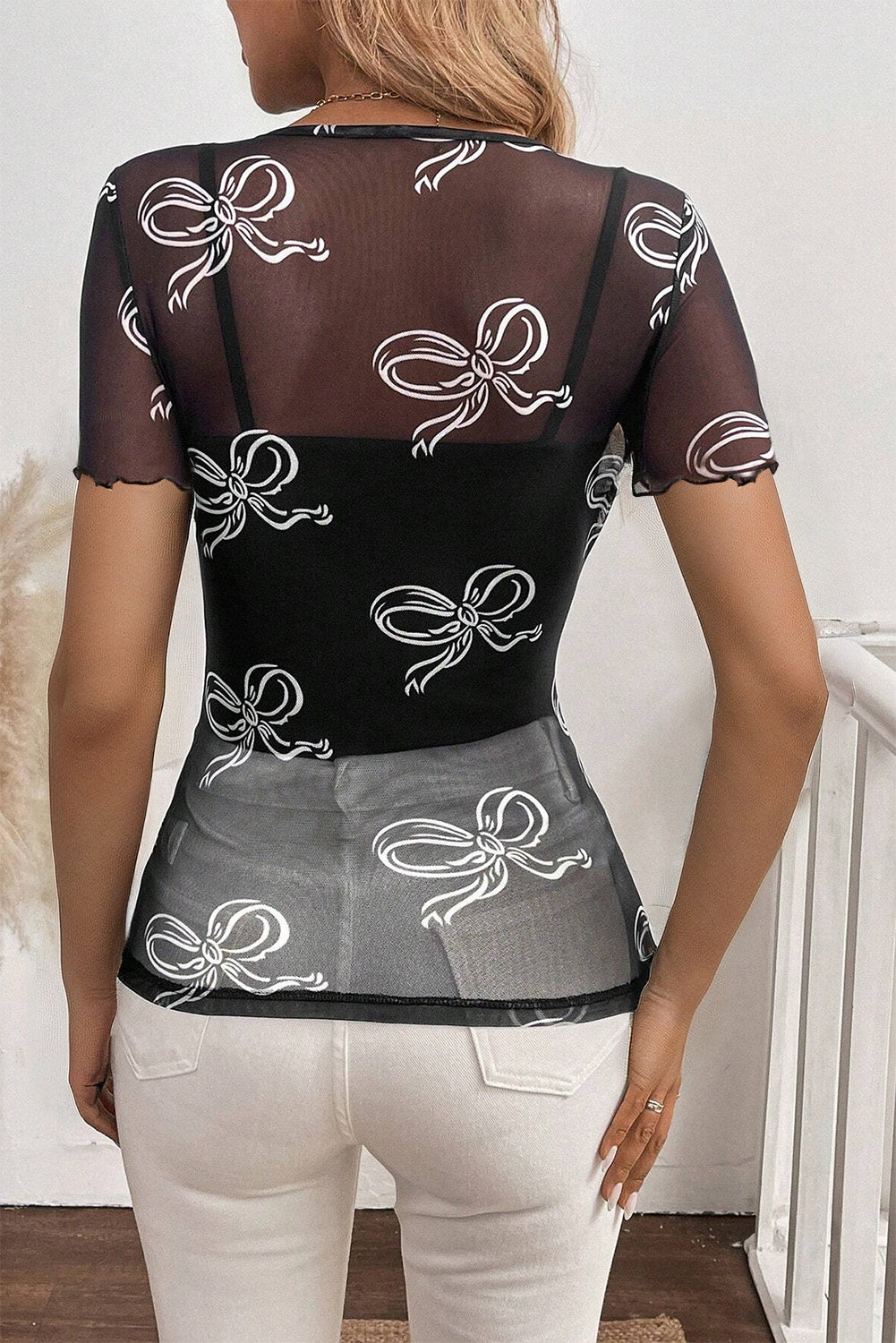 Black Bow Printed Mesh Short Sleeve Top-Chaelisa's New Jammies
