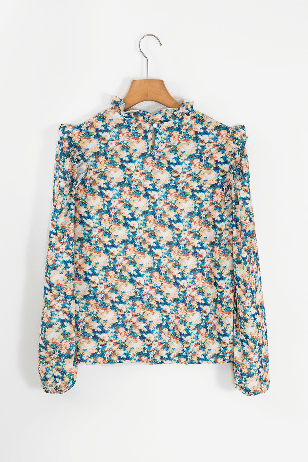 Sky Blue Floral Print Frilled Mock Neck Puff Sleeve Blouse-Chaelisa's New Jammies