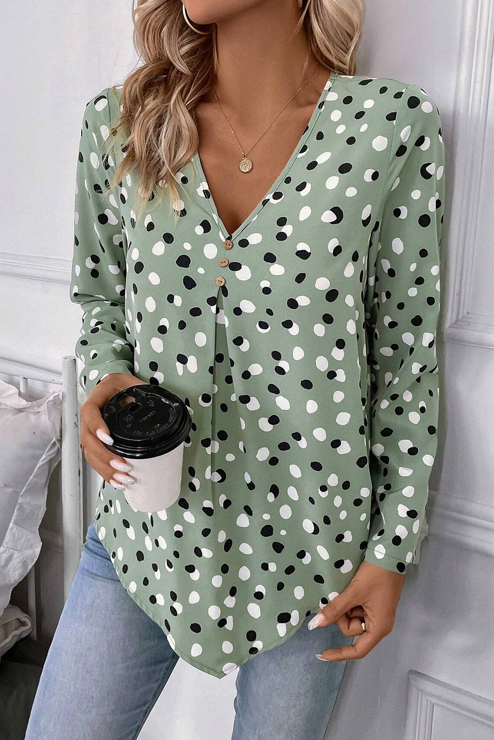 Green Polka Dot Print Button Front V Neck Blouse-Chaelisa's New Jammies