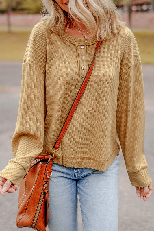 Camel Textured Knit Half Button Drop Shoulder Oversized Top-Chaelisa's New Jammies