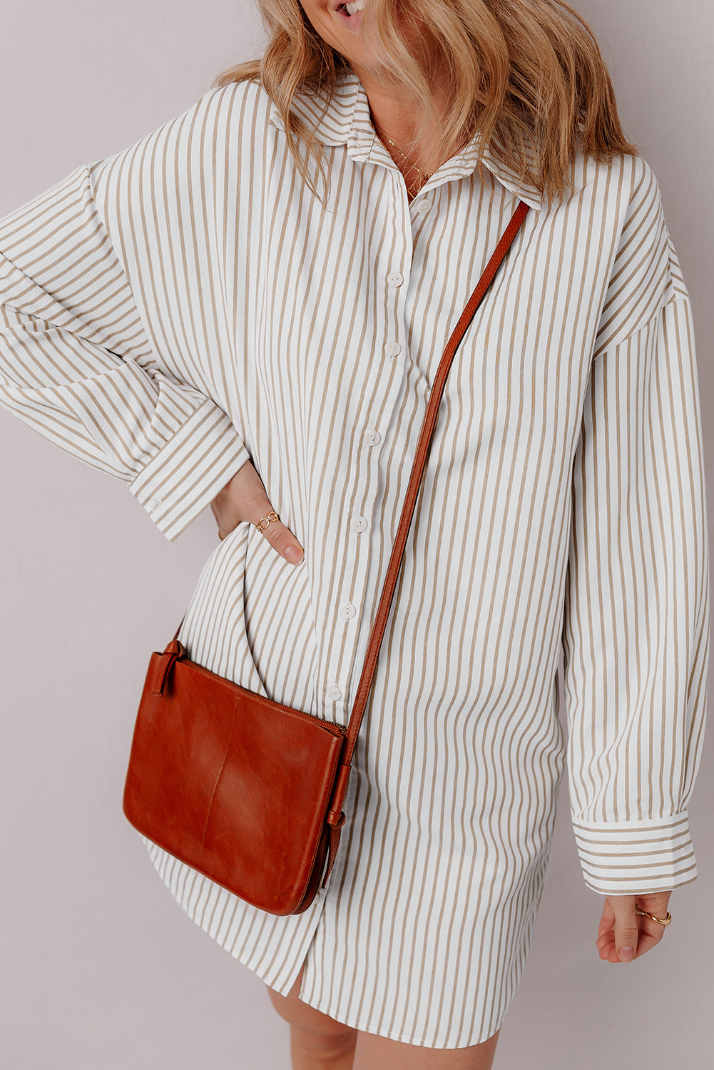 Khaki Stripe Long Sleeve Button Up Mini Shirt Dress-Chaelisa's New Jammies