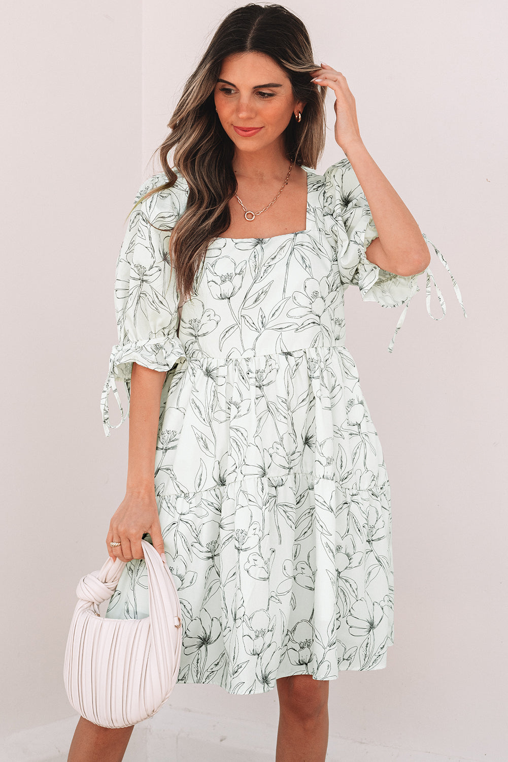 Beige Floral Print Square Neck Shirred Back Puff Sleeve Mini Dress-Chaelisa's New Jammies