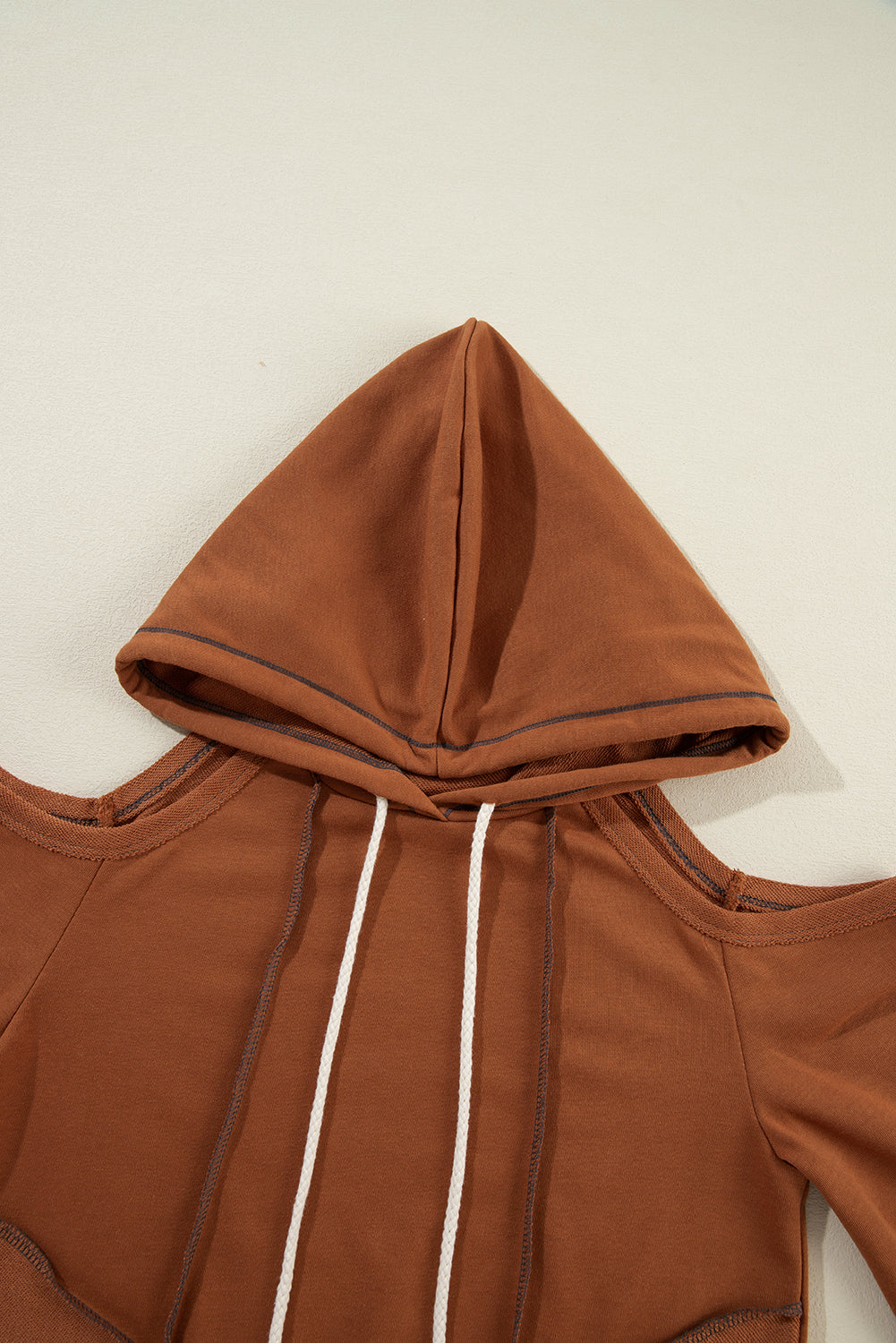 Cinnamon Exposed Seam Cold Shoulder Drawstring Hoodie-Chaelisa's New Jammies