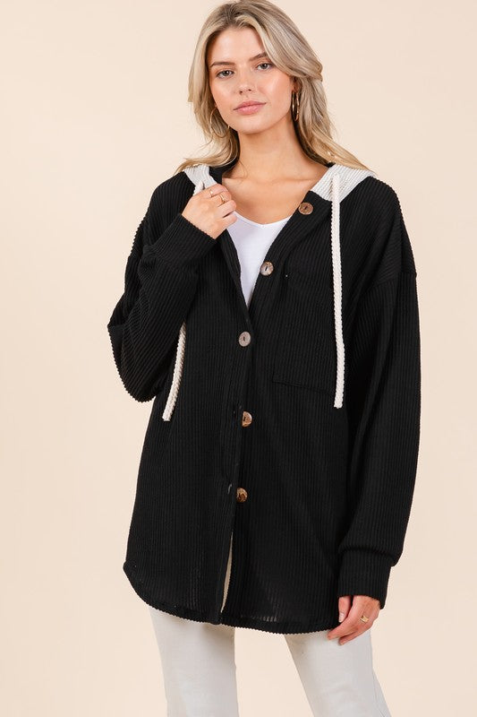 BOMBOM Textured Button Down Drawstring Hooded Shacket-Chaelisa's New Jammies