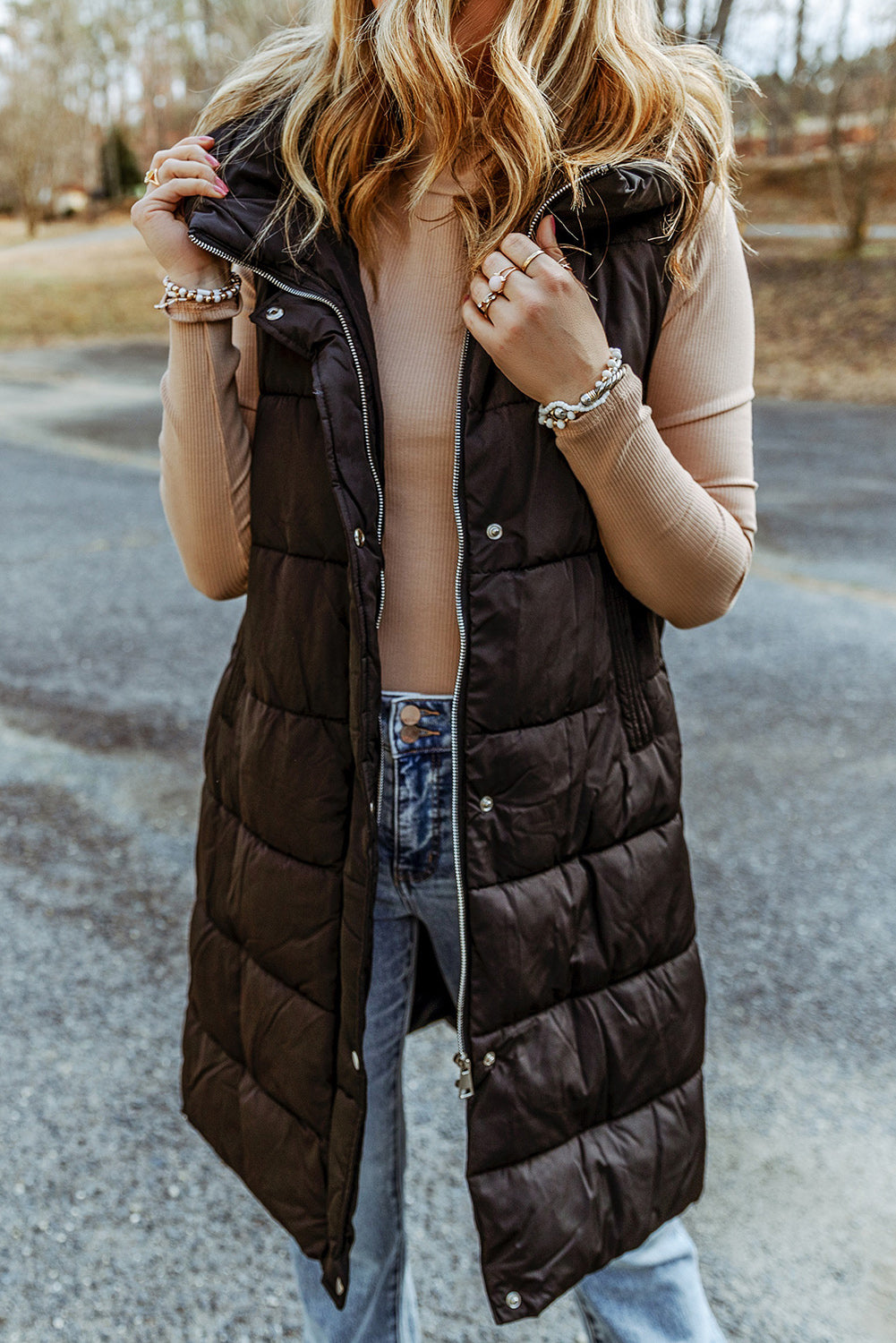 Black Hooded Long Quilted Vest Coat-Chaelisa's New Jammies