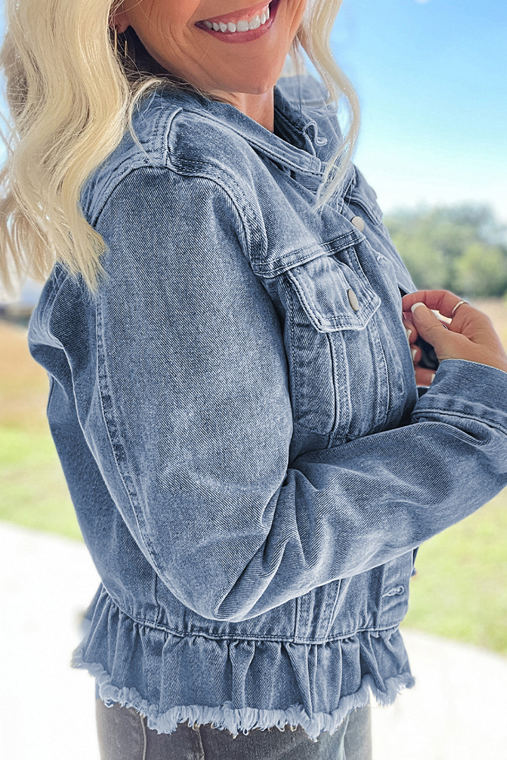 Beau Blue Ruffle Raw Hem Flap Pockets Denim Jacket-Chaelisa's New Jammies