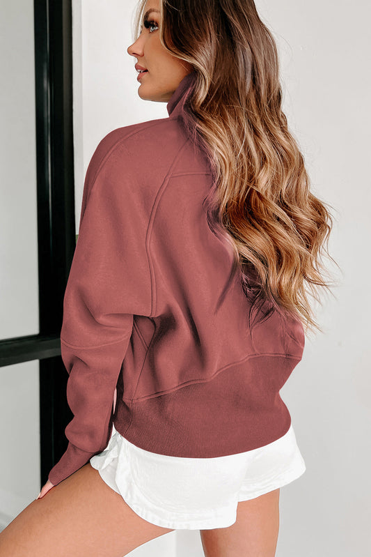 Brown Fleece Lined Zip Up Stand Collar Thumbhole Sleeve Sweatshirt-Chaelisa's New Jammies