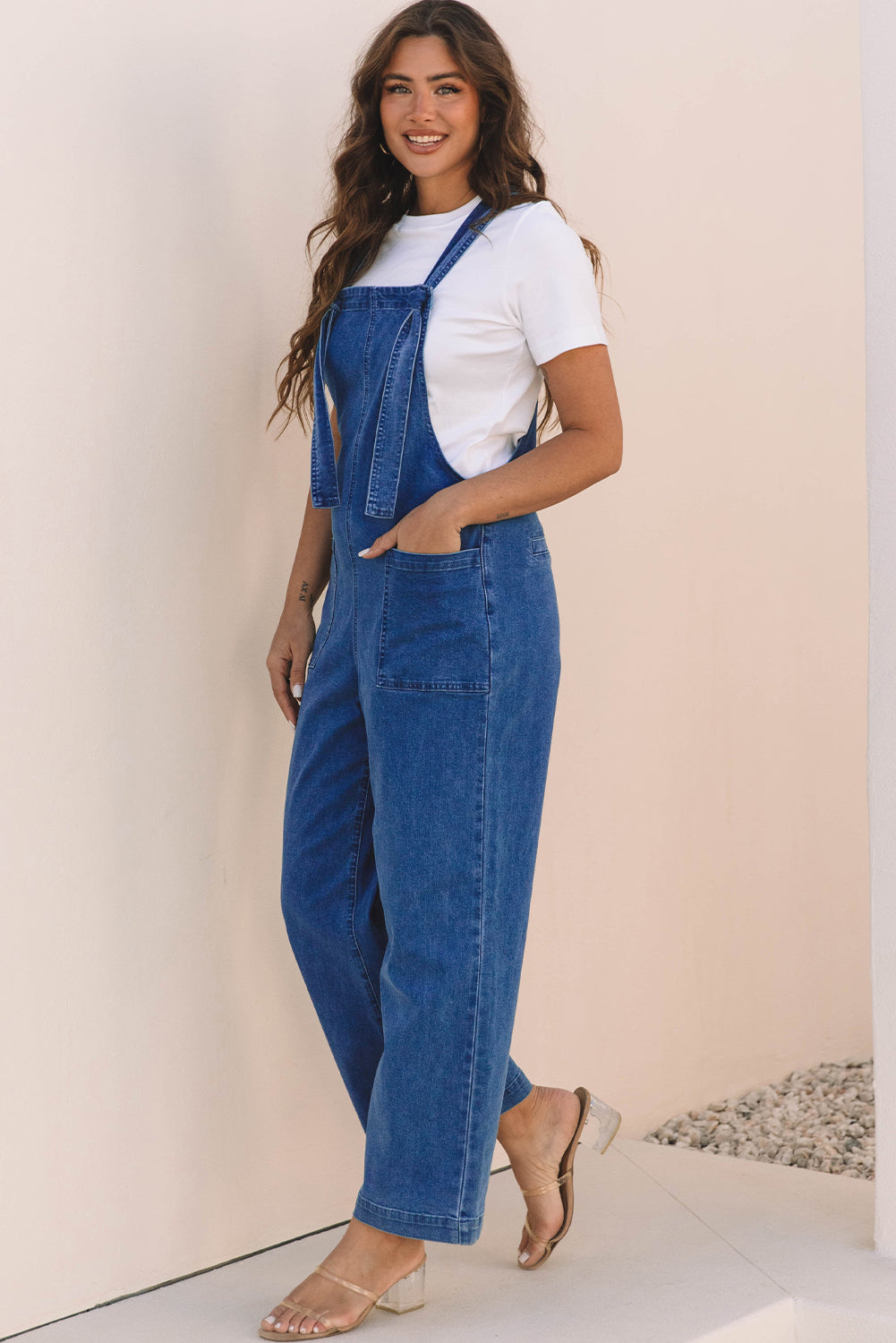 Prussian Blue Mineral Wash Knotted Strap Patched Pocket Wide Leg Denim Overalls-Chaelisa's New Jammies