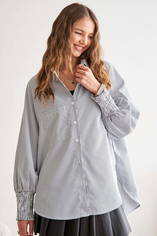 ADORA High-Low Striped Button Down Smocked Lantern Sleeve Shirt-Chaelisa's New Jammies