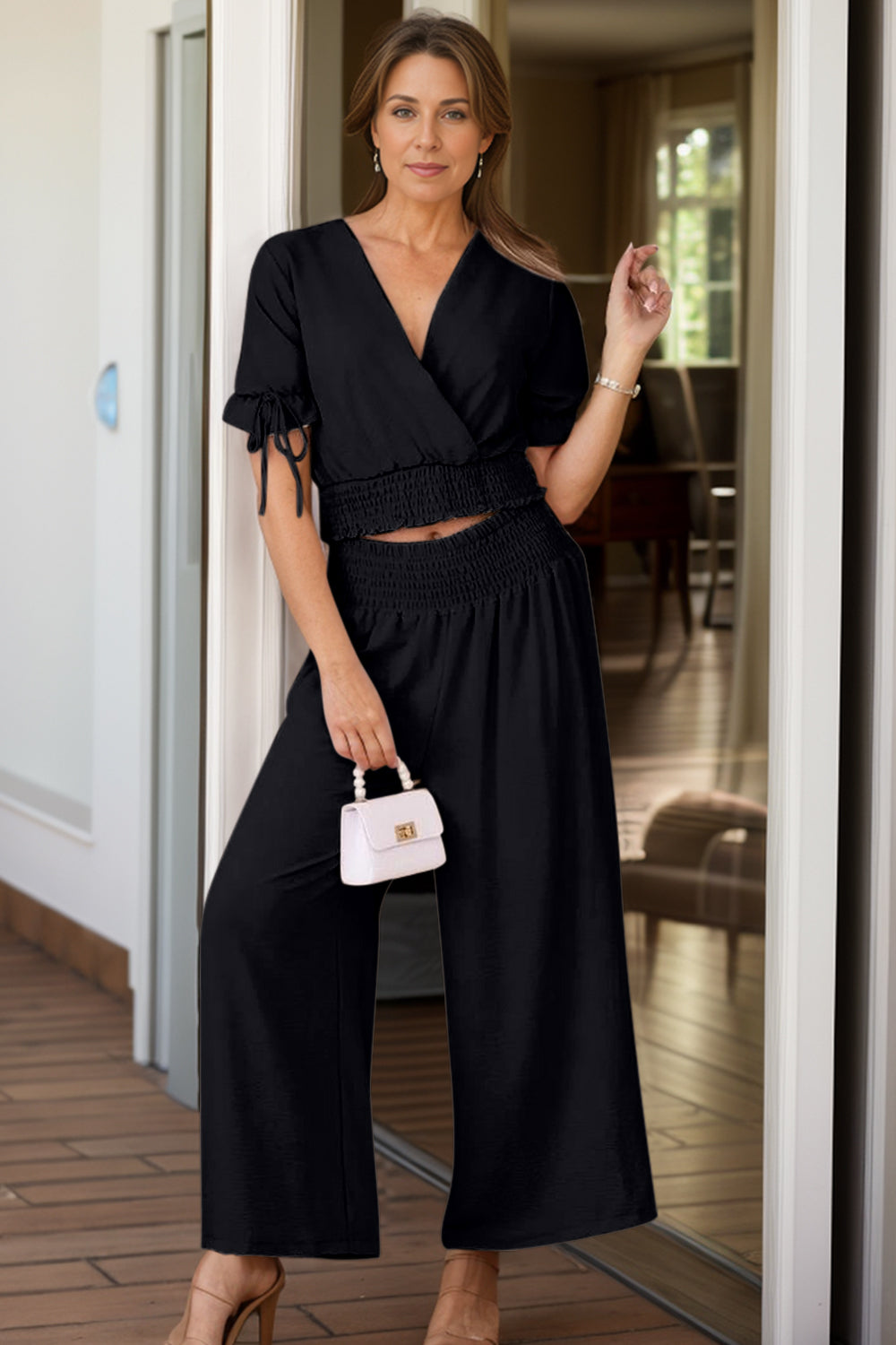 Surplice Short Sleeve Top and Pants Set-Chaelisa's New Jammies