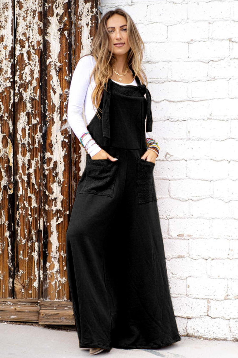 Black Knotted Straps Patch Pocket Wide Leg Jumpsuit-Chaelisa's New Jammies