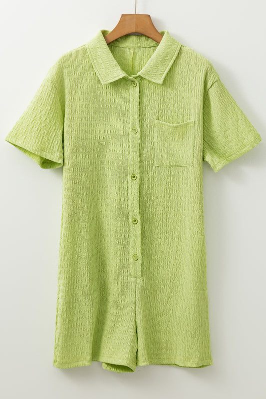 Meadow Mist Green Textured Short Sleeve Patched Pocket Buttoned Shirt Romper-Chaelisa's New Jammies