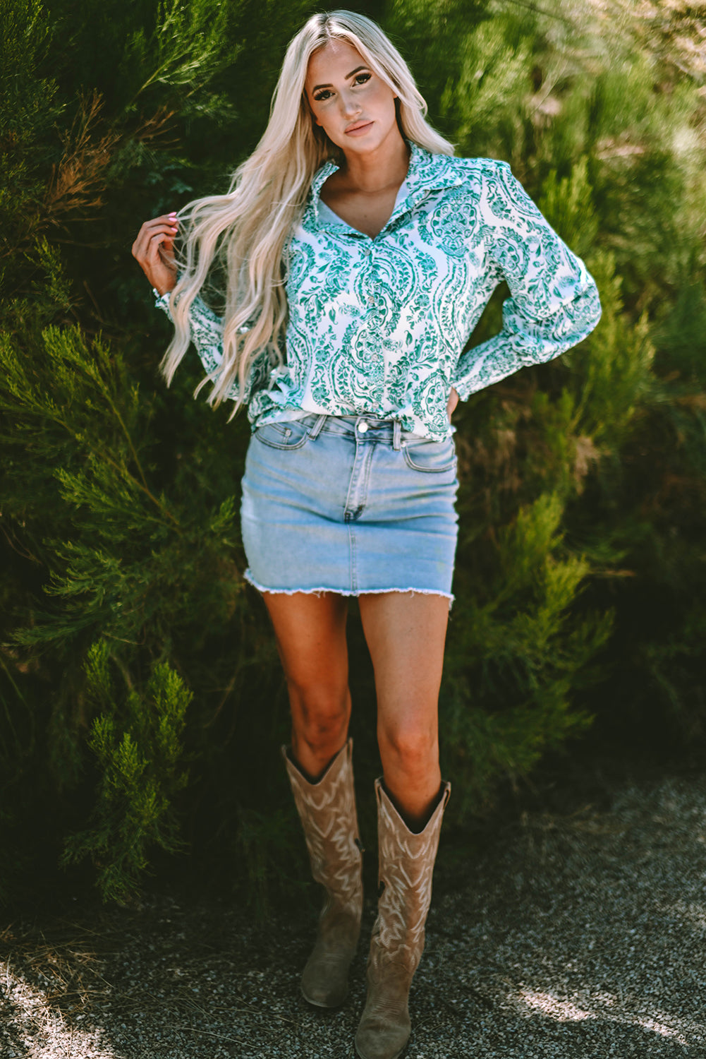 Green Paisley Print Smocked Cuff Buttoned Loose Shirt-Chaelisa's New Jammies