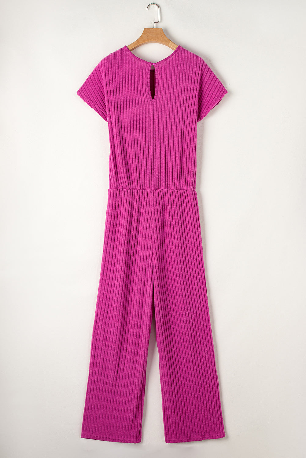 Rose Red Solid Color Ribbed Short Sleeve Wide Leg Jumpsuit-Chaelisa's New Jammies