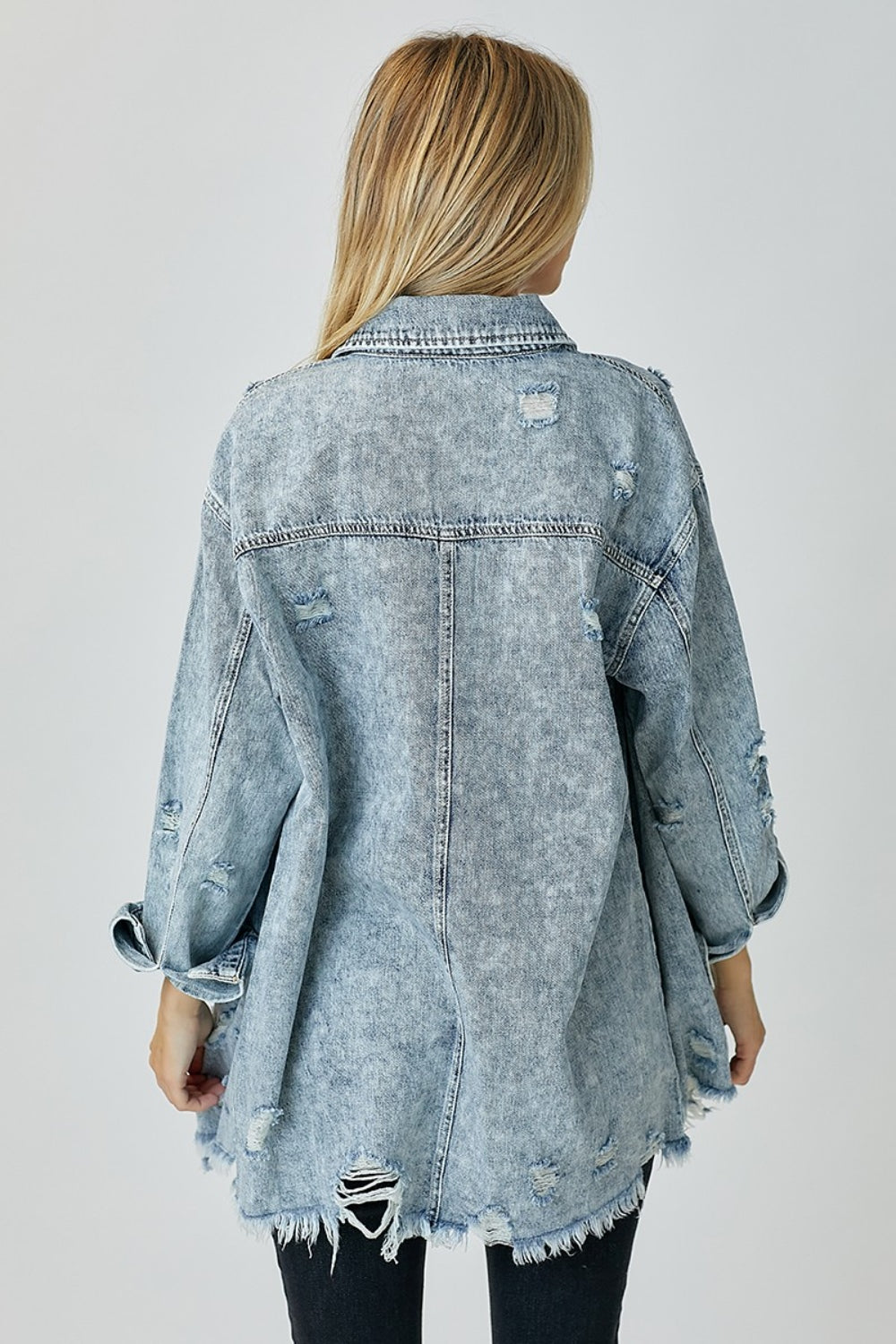 RISEN Distressed Raw Hem Denim Shirt-Chaelisa's New Jammies