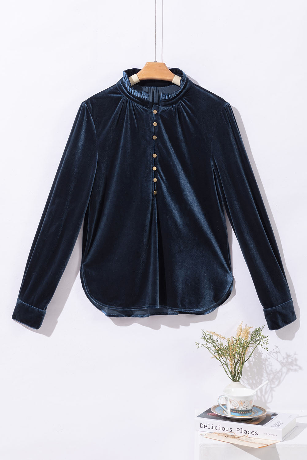 Navy Blue Frilled Buttoned V Neck Velvet Blouse-Chaelisa's New Jammies