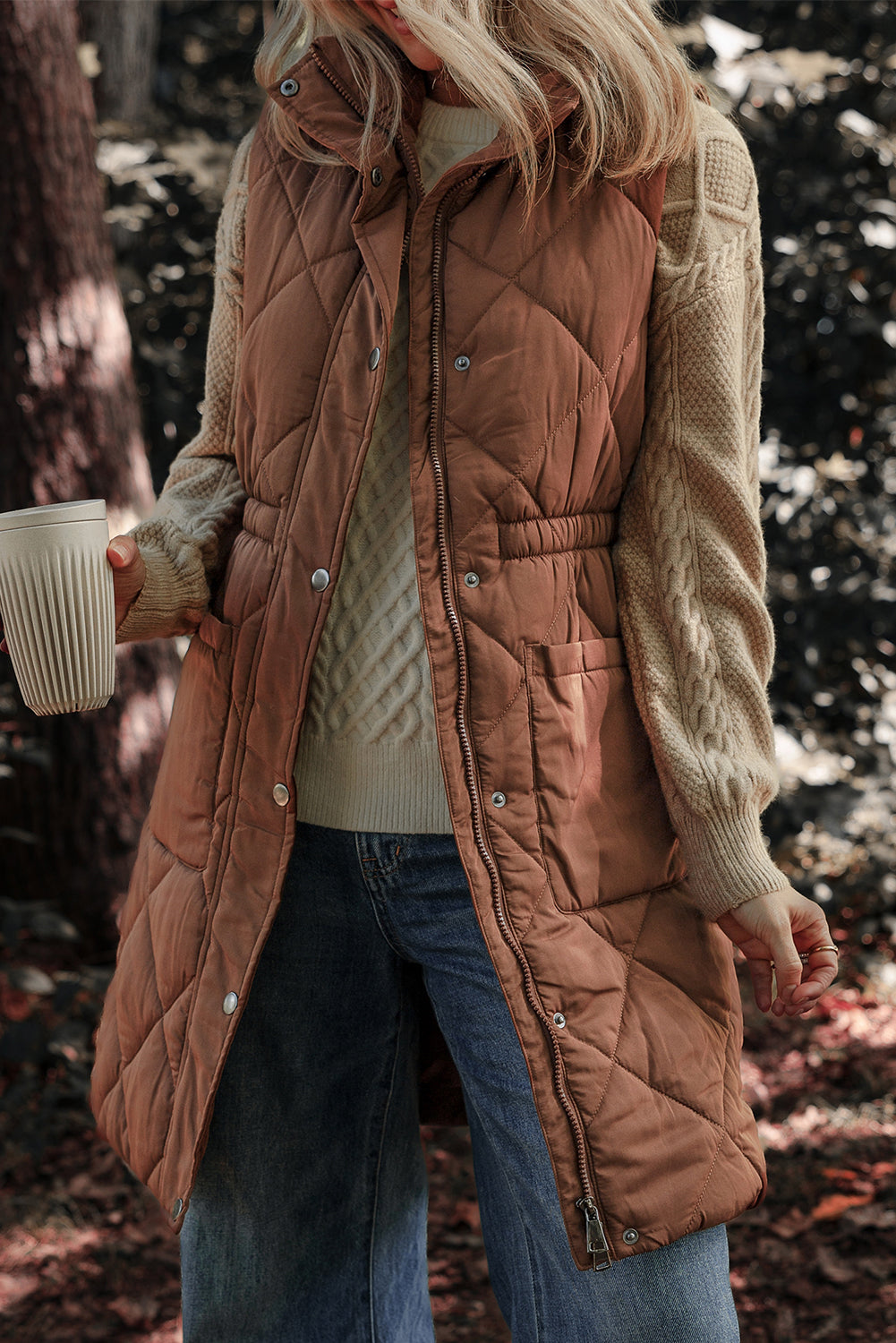 Coffee Longline Quilted Stand Collar Puffer Vest-Chaelisa's New Jammies