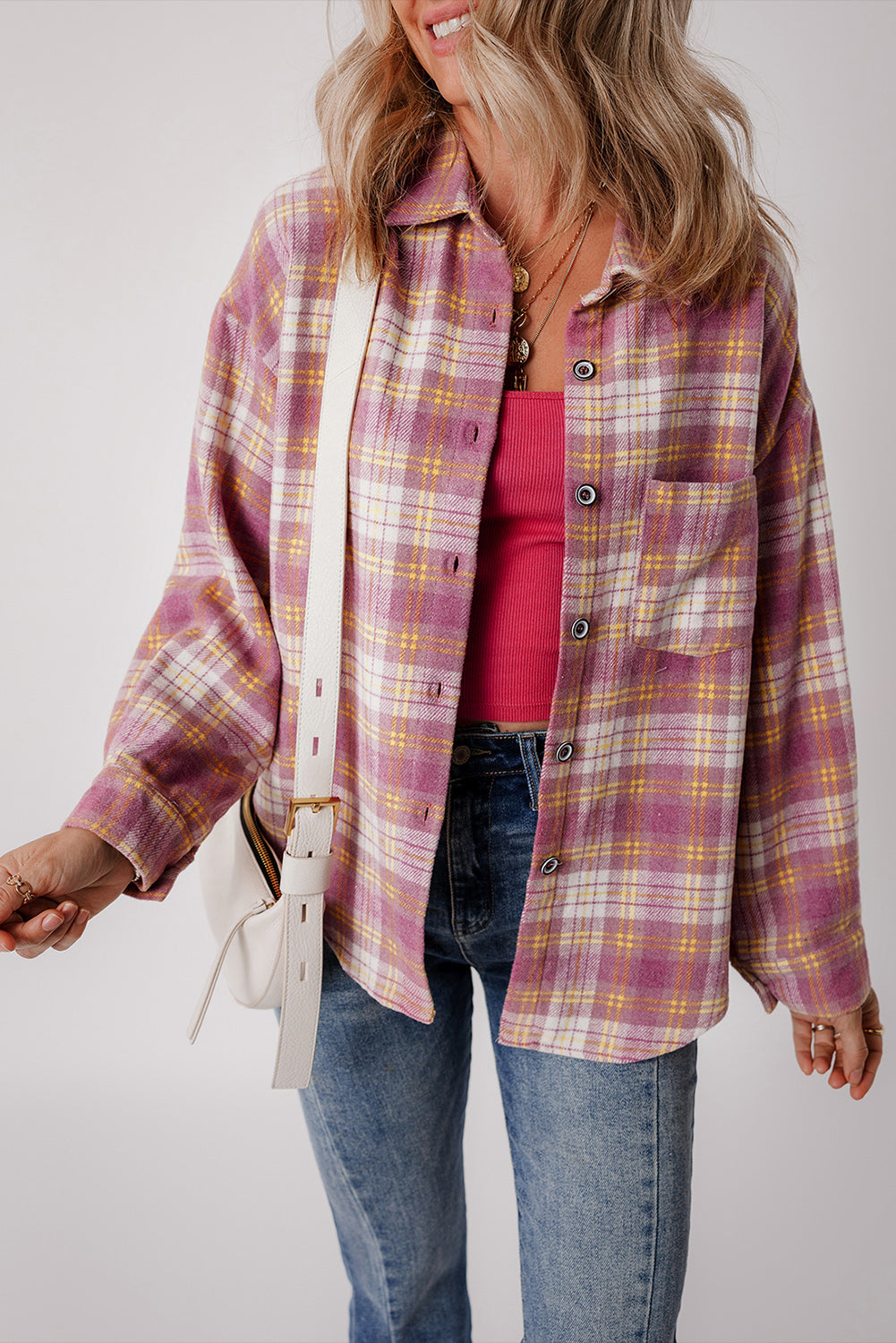 Pink Plaid Print Chest Pocket Long Sleeve Shacket-Chaelisa's New Jammies