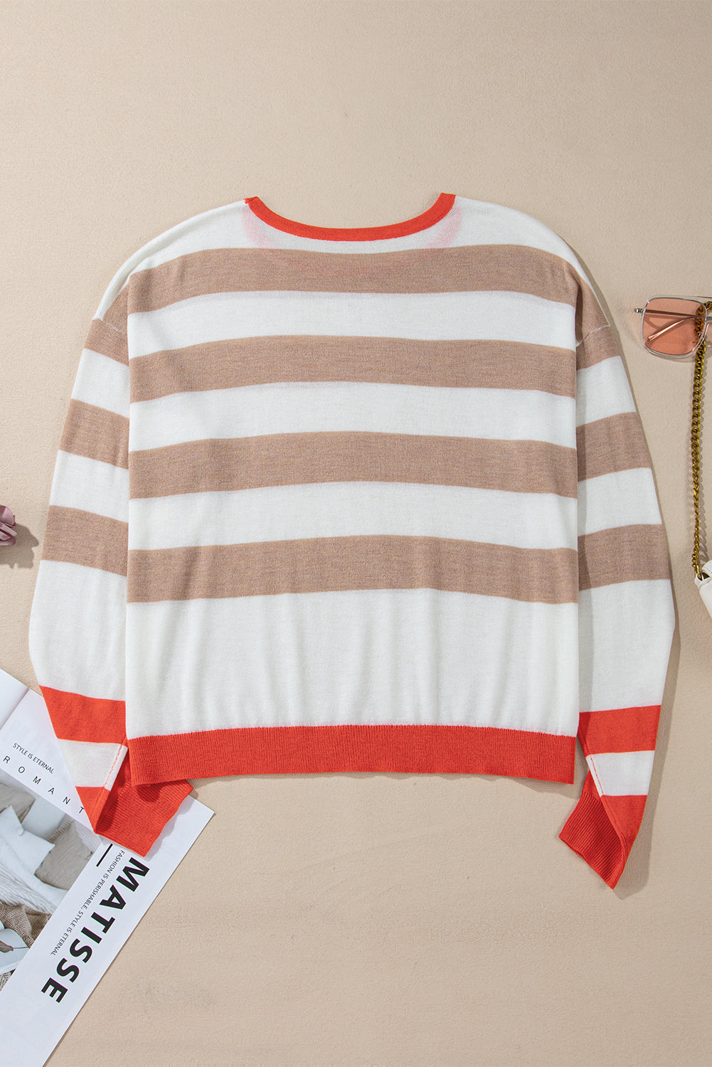 Apricot Colorblock Striped Round Neck Drop Shoulder Sweater-Chaelisa's New Jammies