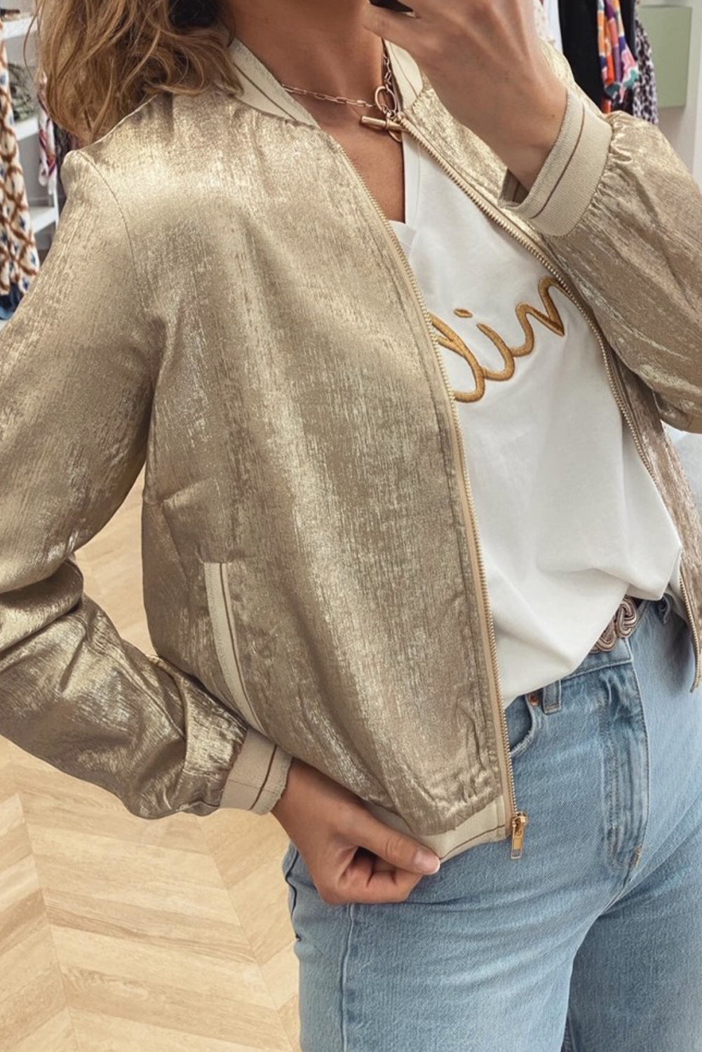 Pale Khaki Metallic Zip up Baseball Jacket-Chaelisa's New Jammies