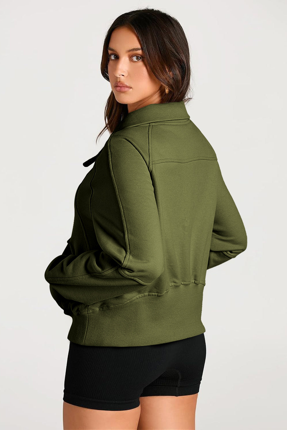 Moss Green Quarter Zip Stand Neck Kangaroo Pocket Sweatshirt-Chaelisa's New Jammies